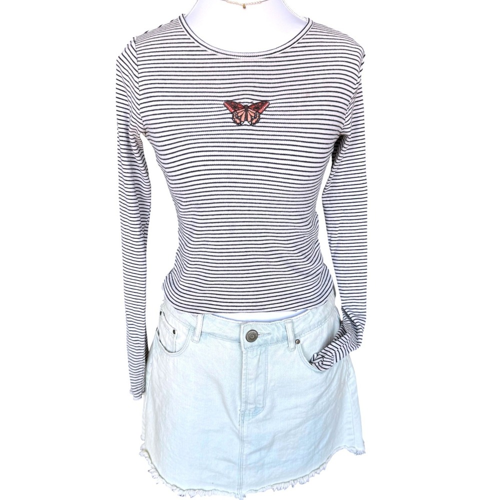 Hollister Baby Tee Butterfly Striped Ribbed Long Sleeve Shirt Top Y2K Small